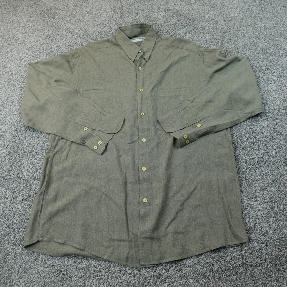Jhane Barnes Shirt Mens L Beige Brown Tan Linen Button Up Long Sleeve Casual Top